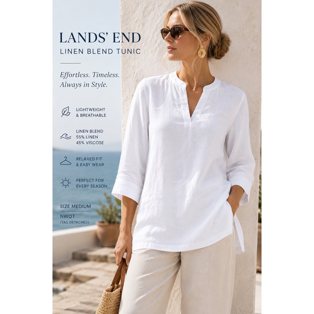 Lands' End White Linen Tunic Top Medium NWOT Coastal Grandma Minimalist
